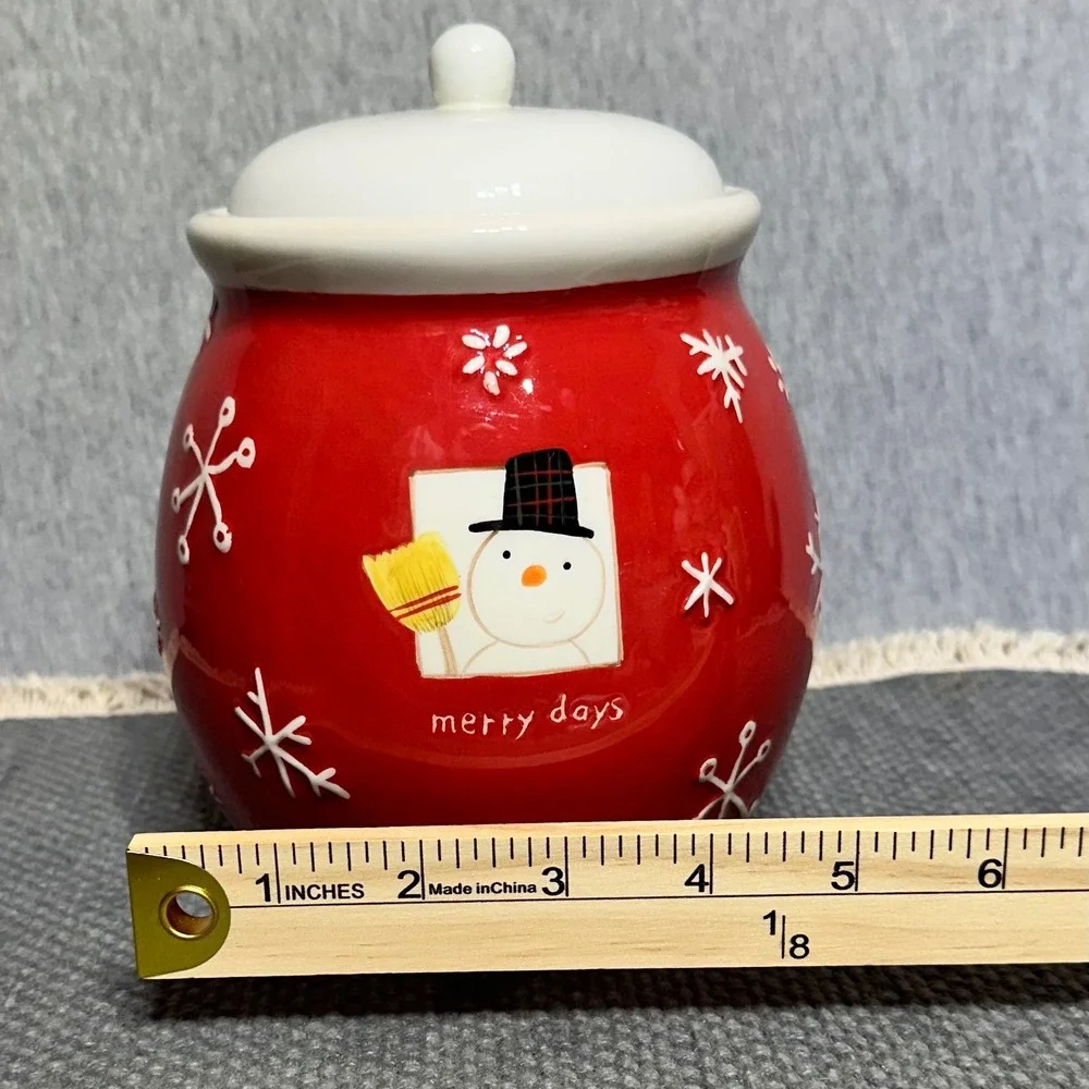 Hallmark Snowman Merry Days Red Ceramic Holiday Cookie Jar Snowflake Christmas